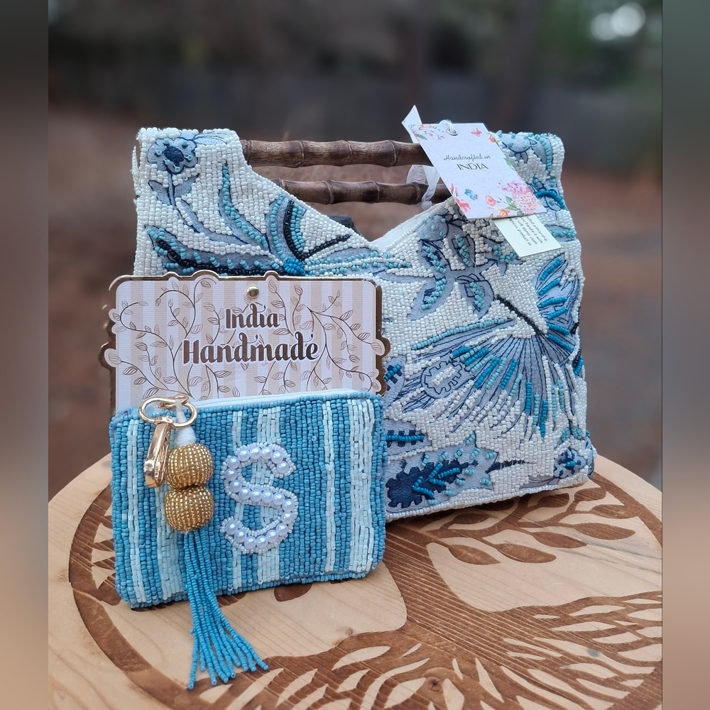 Blue & White Beaded Bag Tik Tok Viral Bamboo Fern Tropical Floral Hawaiian  NWT